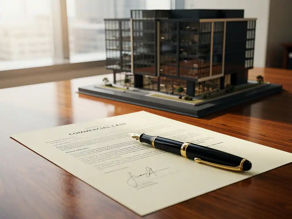 Ondertekend commercieel huurcontract op eikenhouten bureau met architectuurmaquette van kantoorgebouw en vulpen.