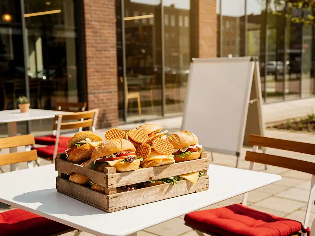 Houten krat met verse broodjes en stroopwafels op een zonnig terras bij een modern kantoorgebouw in Utrecht.