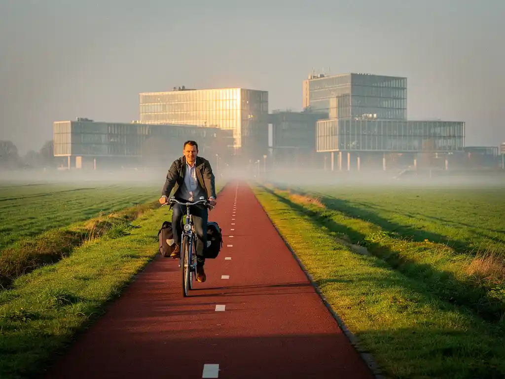 Forenweger fietst op een polderweg richting modern glazen kantoorgebouw in Utrecht, gouden ochtendlicht en lichte mist.
