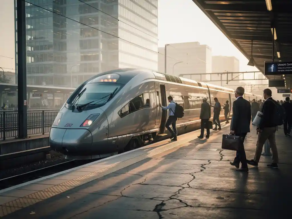 intercitytrein-utrecht-centraal-station-ochtend.jpg Intercitytrein rijdt Utrecht Centraal binnen bij zonsopgang, reizigers stappen op perron terwijl glazen kantoorgebouwen oplichten in gouden ochtendlicht.