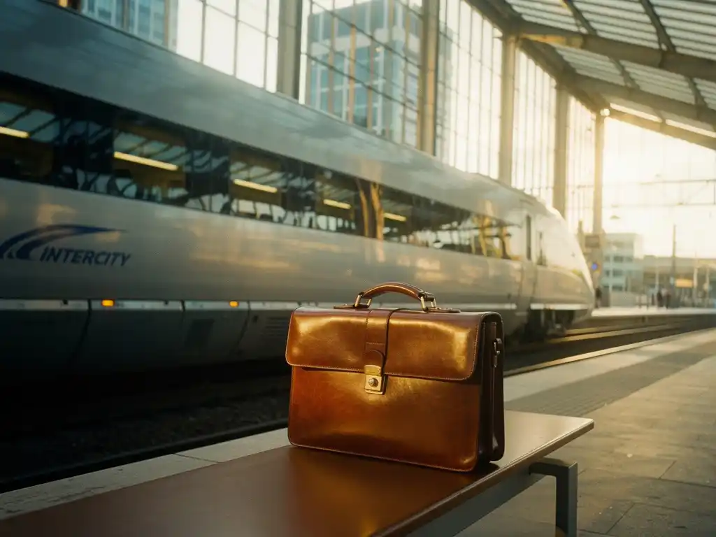 Intercity trein rijdt Utrecht Centraal binnen, leren aktetas op perronbank, kantoorgebouwen zichtbaar door stationsramen in gouden ochtendlicht.