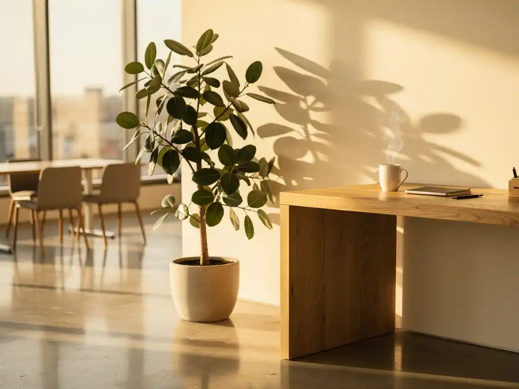 Luchtig open kantoor met vloer-tot-plafond ramen, houten bureau met dampende koffie en salie groene plant op betonnen vloer.