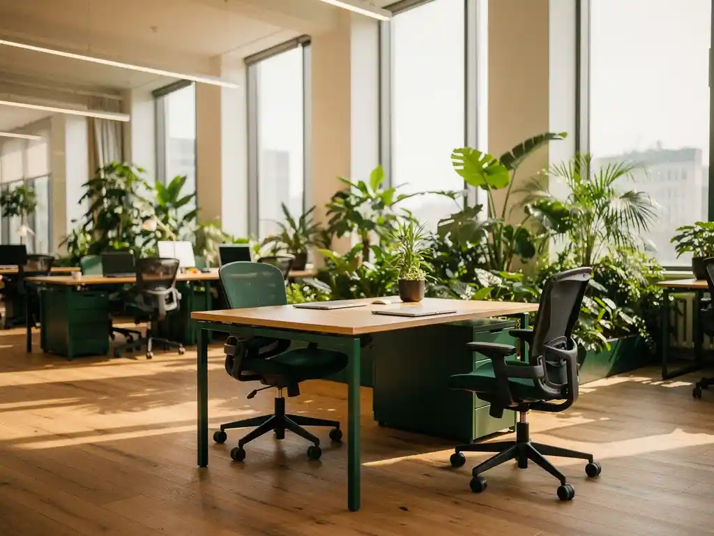Licht kantoor in Utrecht met eiken vloer, groene planten en groot open werkruimte achter intiem bureau op de voorgrond.