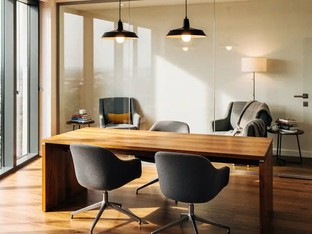 kantoor-thuiswerk-vergelijking-werkruimte-interieur.jpg Ergonomische werkplek met eikenhouten bureau en hanglampen naast een gezellige thuishoek in Utrecht, warm ivoor en leisteengrijze tinten.