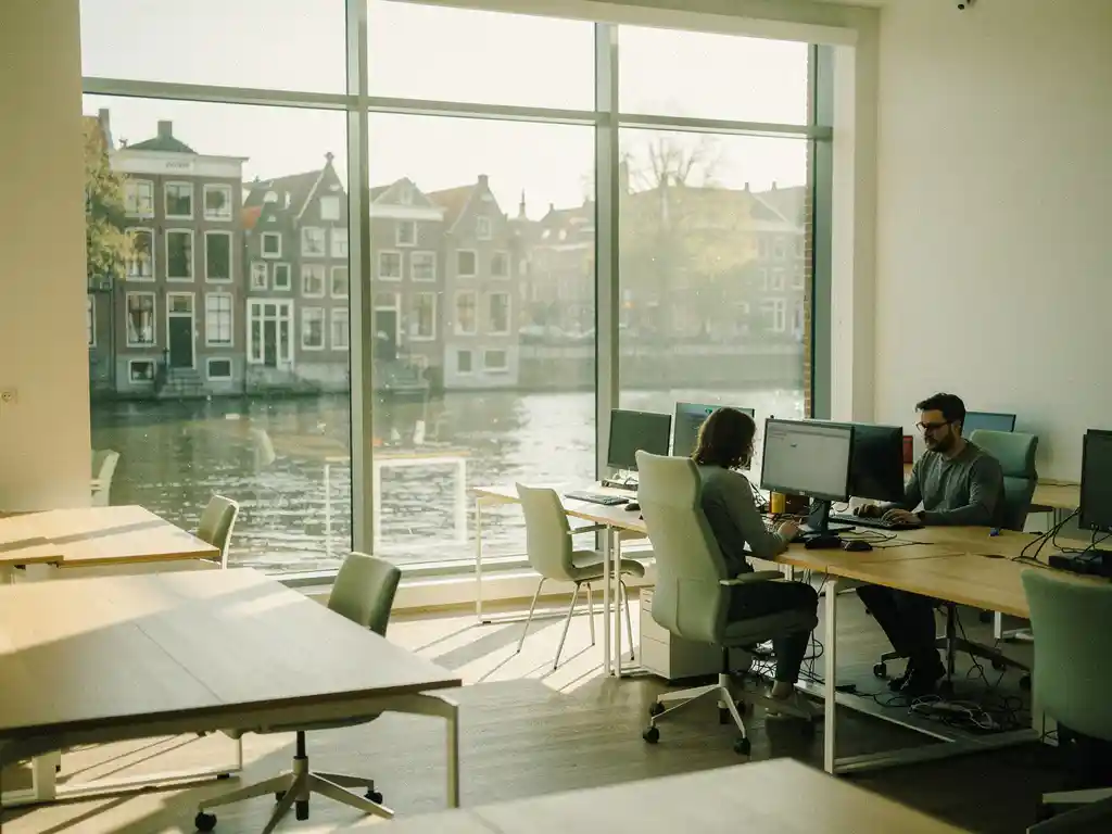 Twee professionals werken geconcentreerd aan moderne werkplekken in een half leeg kantoor met uitzicht op een Utrechtse gracht.