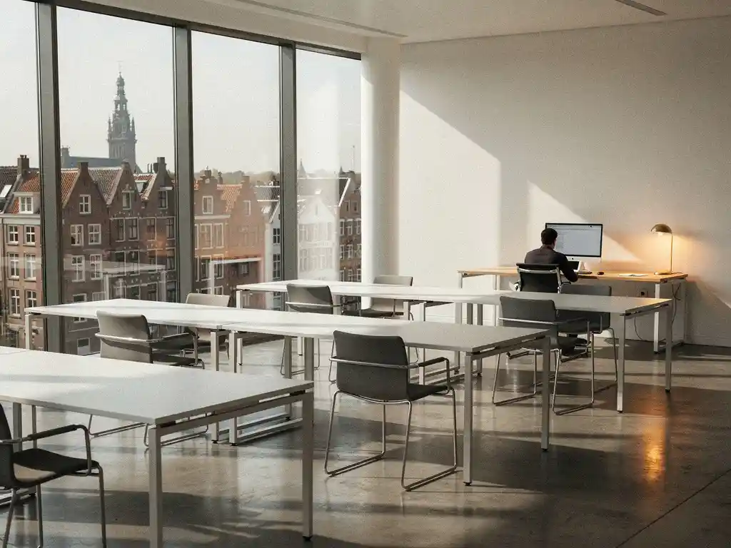 Grotendeels leeg Utrecht kantoor met rijen onbezette bureaus en één medewerker die werkt bij een minimalistisch werkstation, daglicht via vloerhoge ramen.