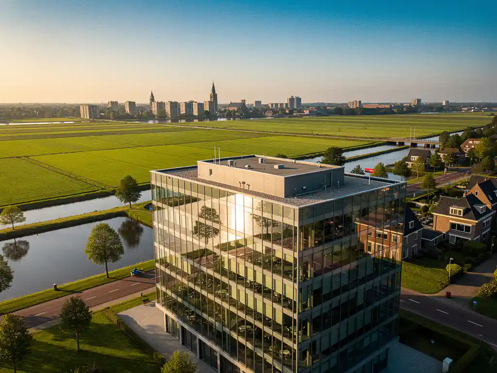 Luchtfoto van de Utrechtse regio met modern glazen kantoorgebouw, polderland, kanalen en stadshorizonnen in gouden middaglicht.