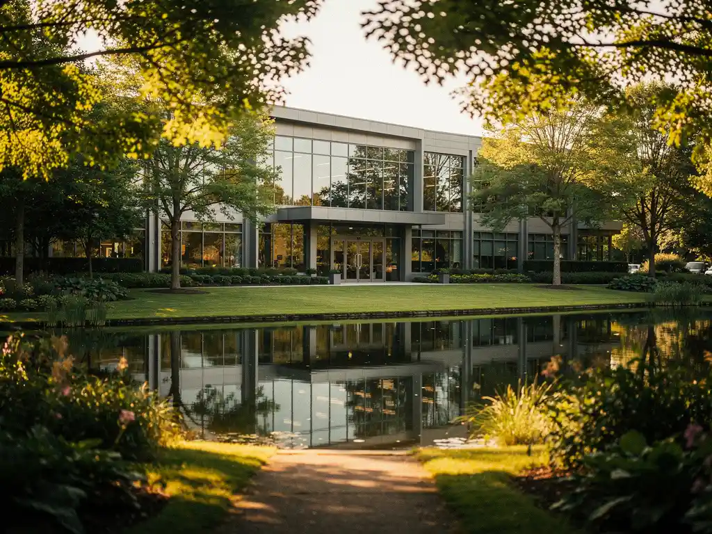 Modern kantoorgebouw met glazen gevel weerspiegeld in vijver, omgeven door volwassen bomen en verzorgd groen in warm middaglicht.
