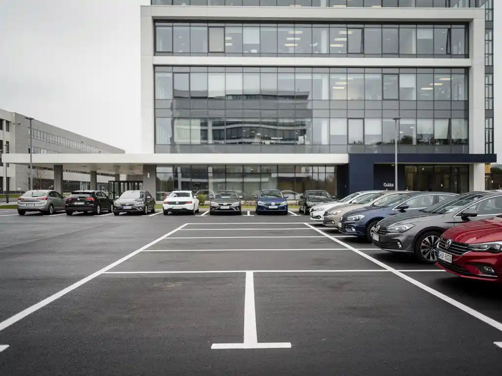 Moderne kantoorparkeerplaats met witte parkeervakken, rijen geparkeerde auto's en glazen kantoorgebouw op de achtergrond.