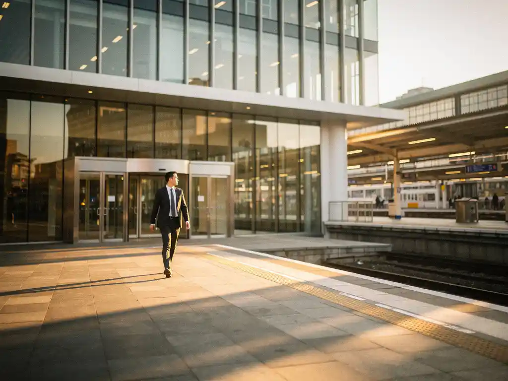 Forenzende voetganger op stenen pad tussen glazen kantoorgebouw en druk treinstation in warm ochtendlicht.