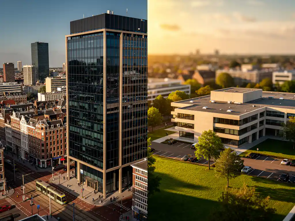 Luchtfoto van glazen kantoorgebouw in Utrecht stadscentrum naast laagbouw kantoorpark met groene gazons in gouden middaglicht.