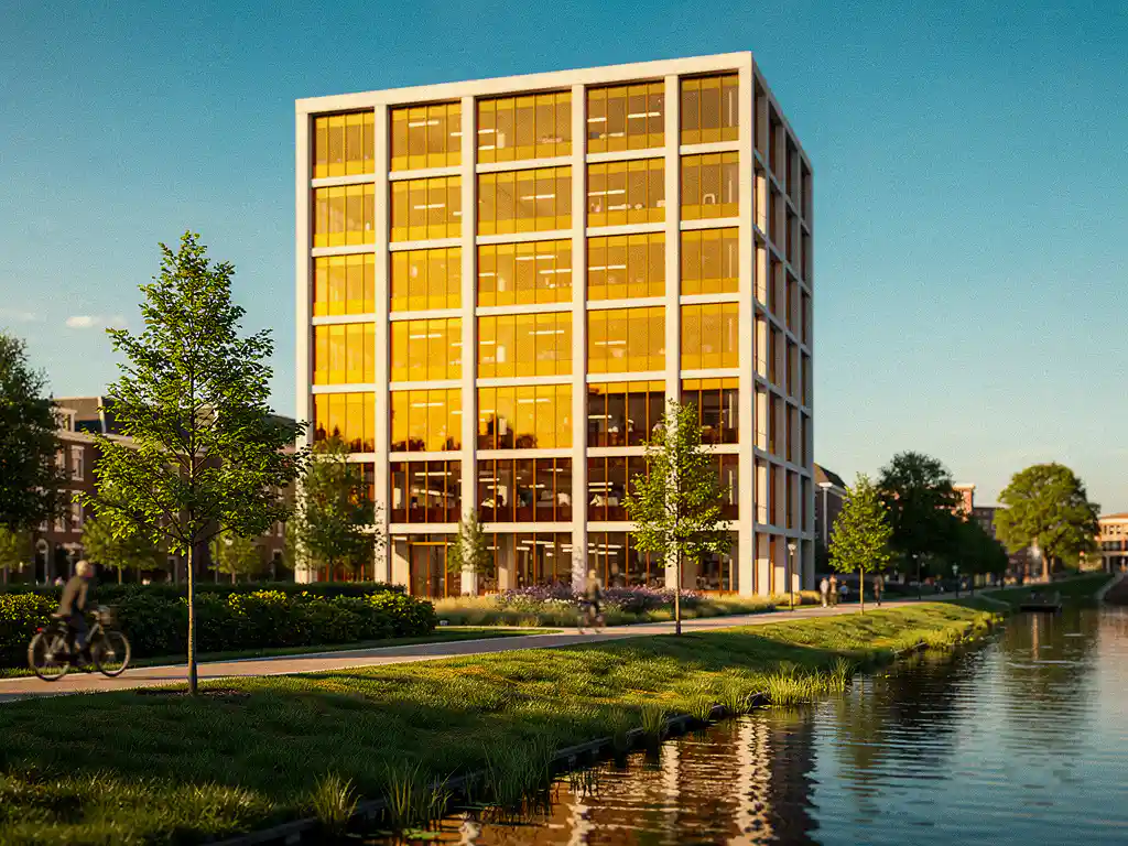 Modern kantoorgebouw aan Utrechtse gracht met gouden amberglazen gevels en wit beton in opkomend zakendistrict.