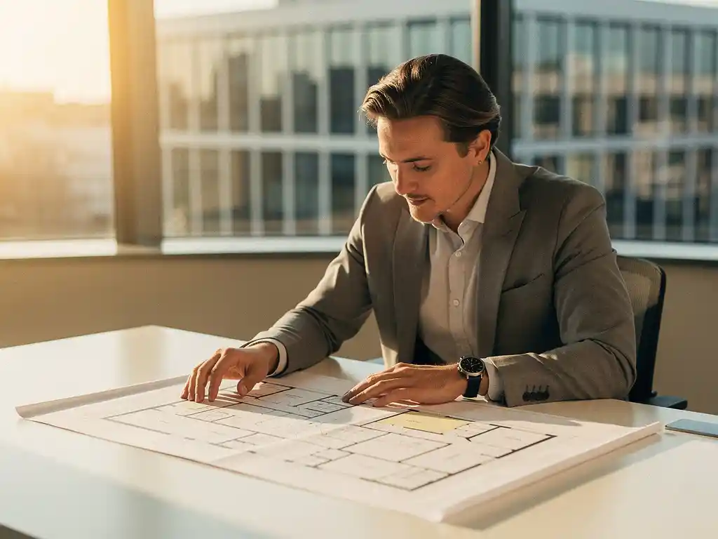 Professional in blazer bestudeert plattegrond op wit bureau, met modern Utrechts kantoorgebouw zichtbaar door raam op de achtergrond.