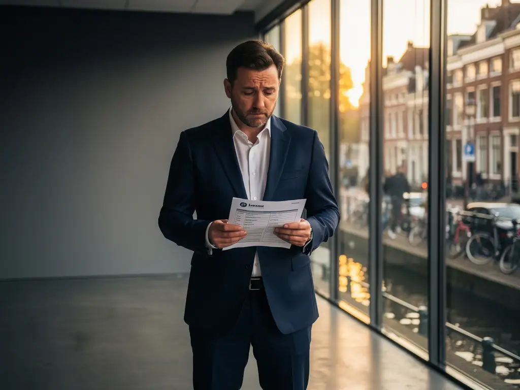 Gefrustreerde zakenman in te grote kantoorruimte met huurcontract, vloer-tot-plafond ramen met uitzicht op Utrechtse gracht.