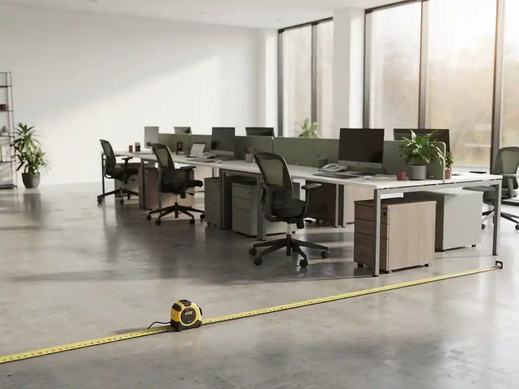 Landmeter meet vloeroppervlak van modern open kantoor in Utrecht met meetlint op betonvloer, ergonomische werkplekken en groot ramen.