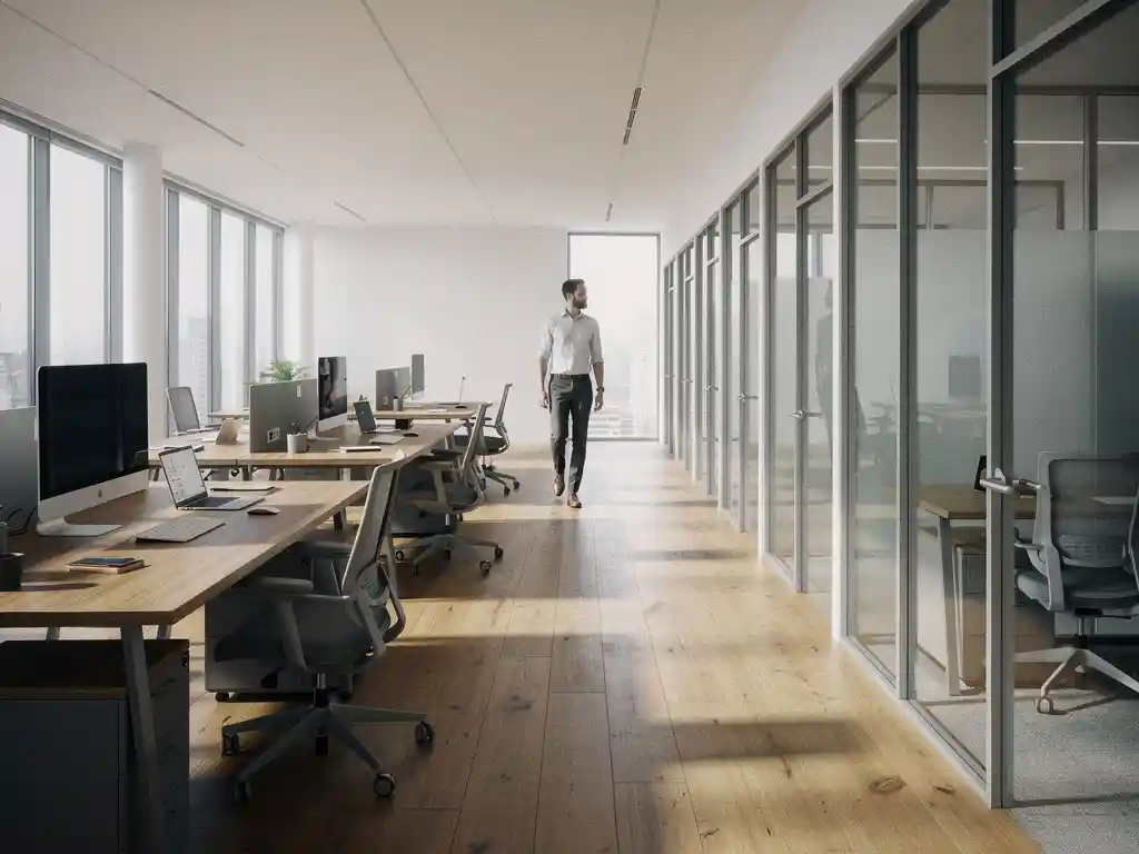 Moderne kantoorvloer met open werkruimte en glazen privékantoren, warm eikenhout en natuurlijk daglicht door hoge ramen.