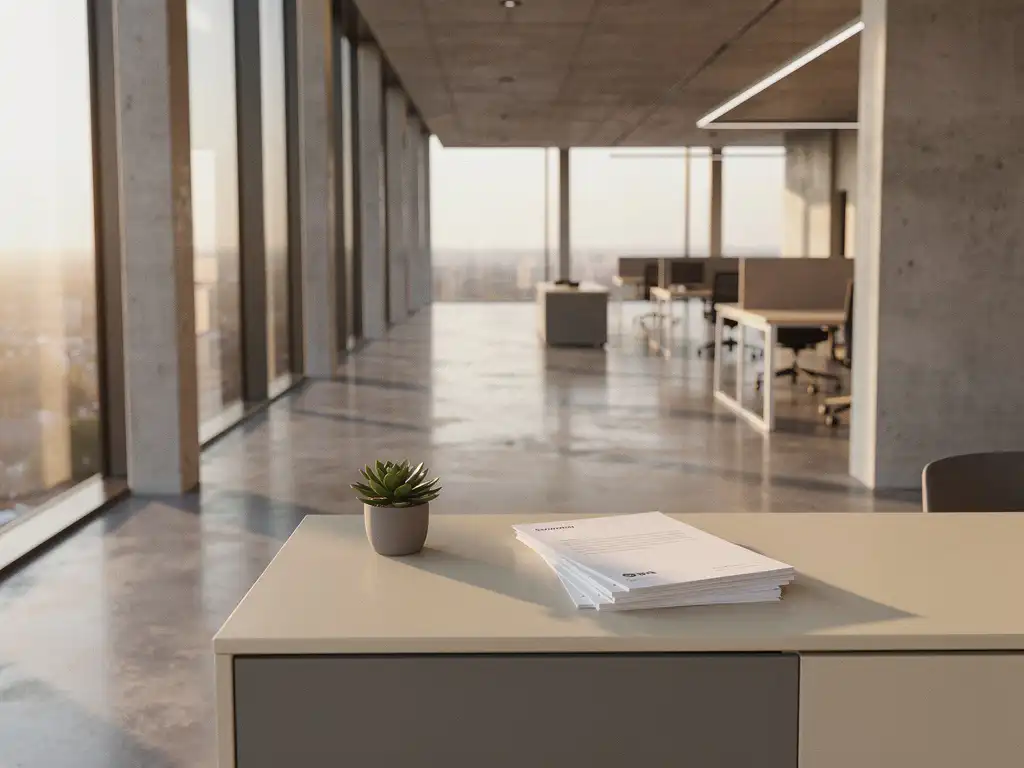 Moderne Utrechtse kantoorruimte met betonnen vloer, minimalistische bureau met huurcontracten en succulent, warm middagzonlicht door vloerhoge ramen.