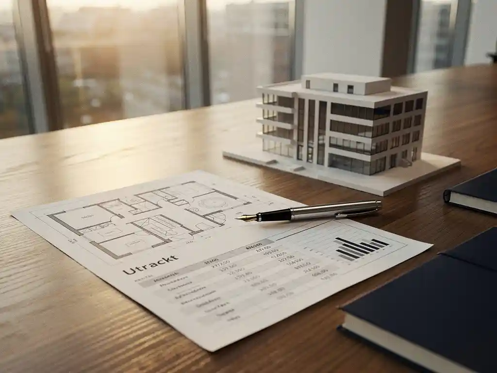 Eikenhouten bureau met plattegrond van een Utrechts kantoorgebouw, schaalmodel en vulpen op huurprijsoverzicht in warm middaglicht.
