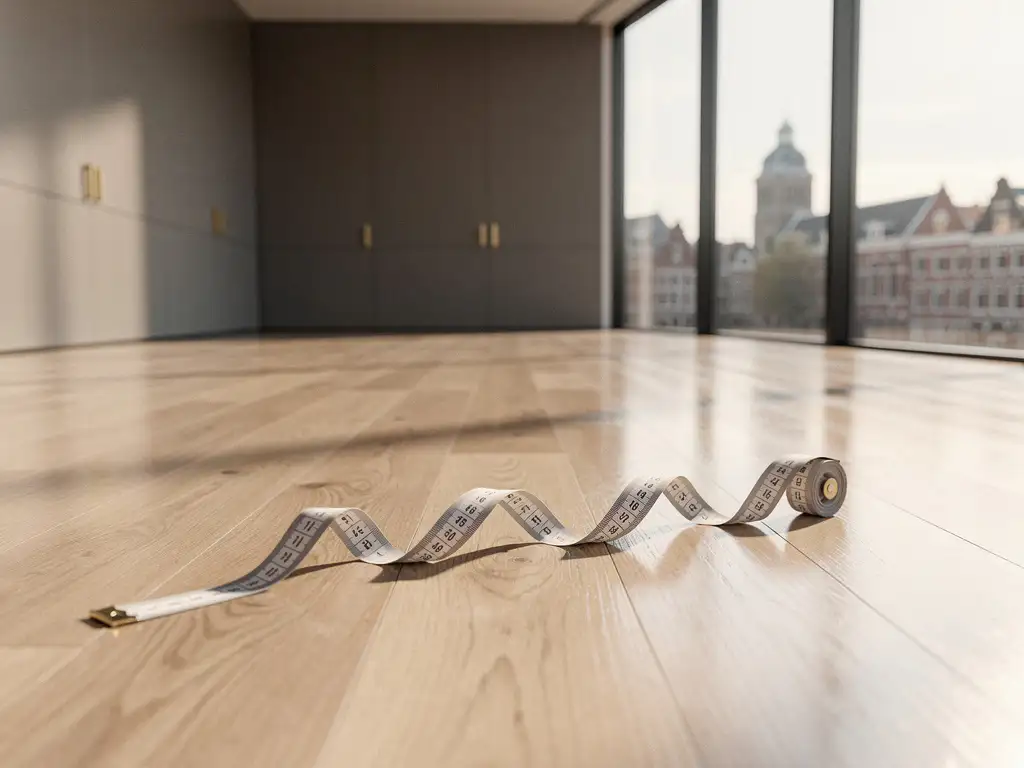 Leeg modern kantoor in Utrecht met eiken vloer, grote ramen en een opengerolde meetlint in warm natuurlijk daglicht.