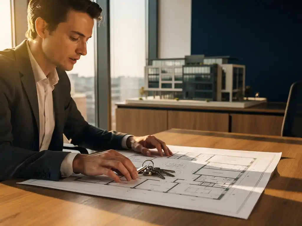 Makelaar bestudeert plattegronden op modern bureau met kantoorsleutels, schaalmodel van Utrechts kantoorgebouw op achtergrond.