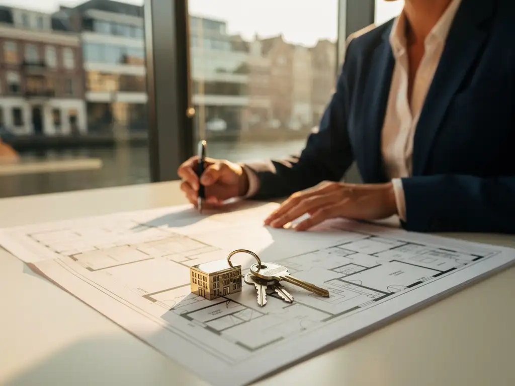bedrijfspand-huren-utrecht-makelaar-kantoor.jpg Makelaar bestudeert architectonische plattegronden op modern bureau met kantoorsleutels, Utrecht skyline zichtbaar door vloer-tot-plafond ramen.