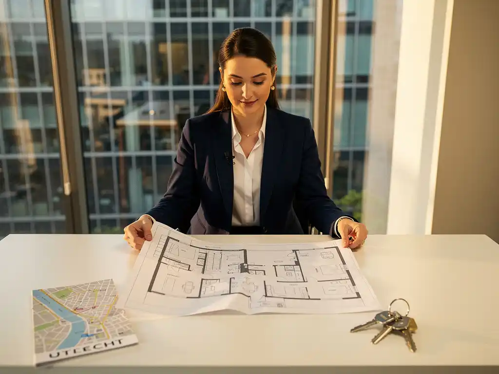 Makelaar spreidt architecturale plattegronden uit op wit bureau met sleutels en stadskaart van Utrecht, modern kantoor op de achtergrond.