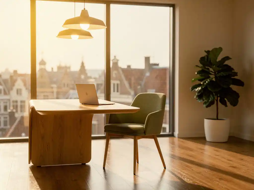 Modern gemeubileerd kantoor in Utrecht met ergonomisch bureau, laptop, hanglampen en vloer-tot-plafond ramen met stadszicht.