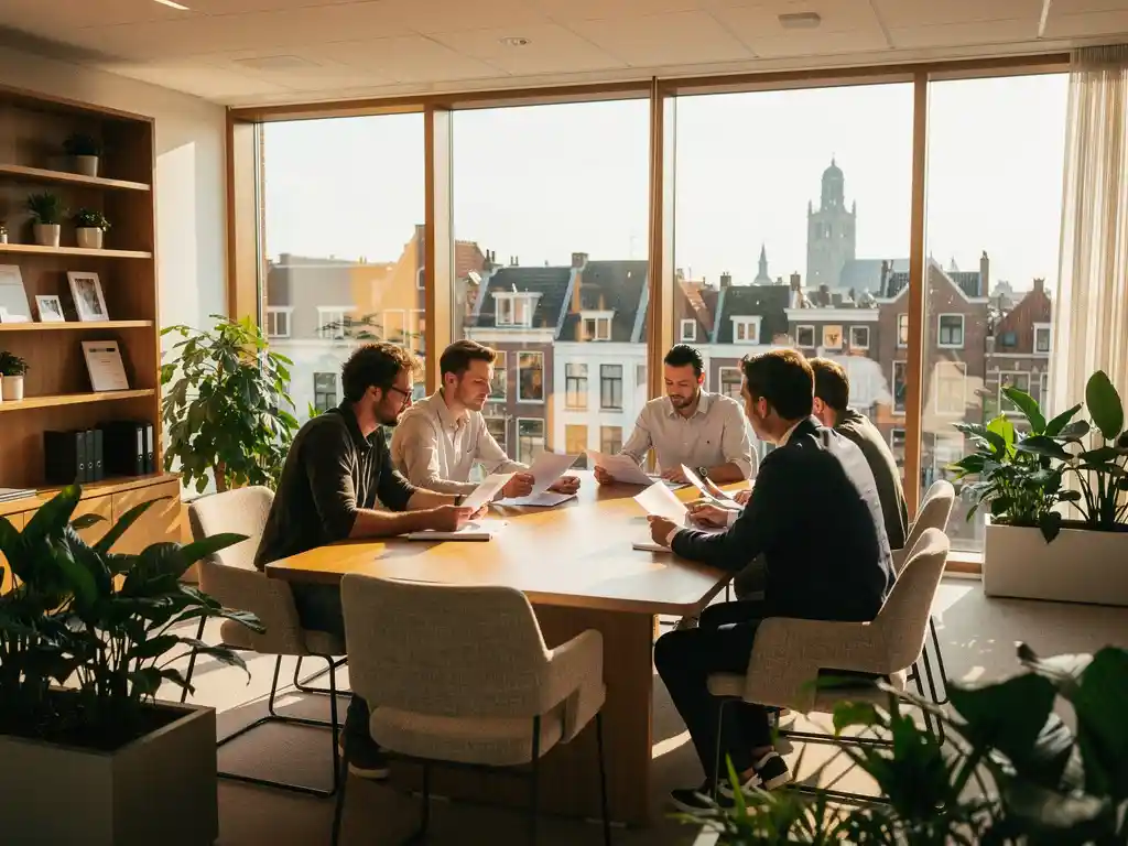 Medewerkers overleggen rond een vergadertafel in een modern Utrechts kantoor met houten accenten, groene planten en uitzicht op de stad.