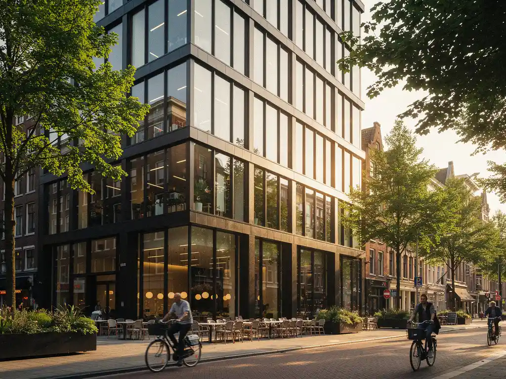 Glazen kantoorgebouw in een Nederlandse stad met fietser, terras en bomen op een zonnige boulevard.