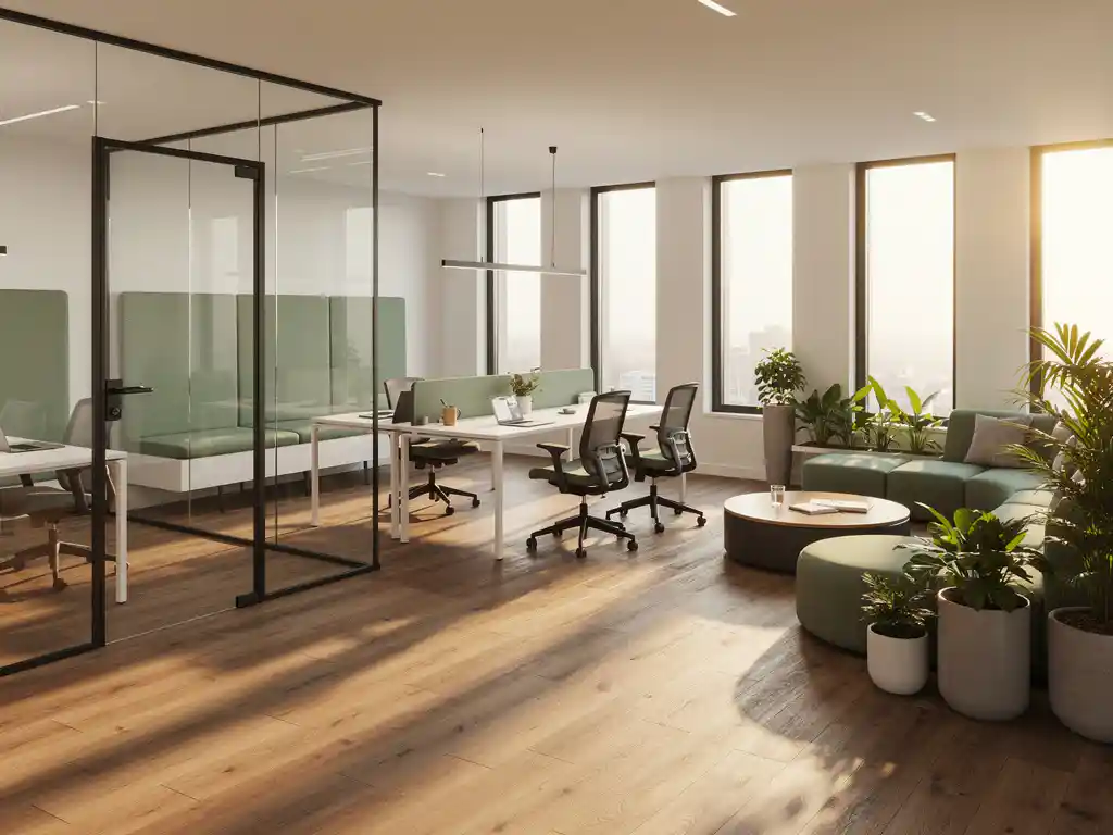 Modern Nederlands kantoor met glazen vergaderruimte, flexibele werkplekken en loungehoek, eiken vloer en warme middaglichtinval.