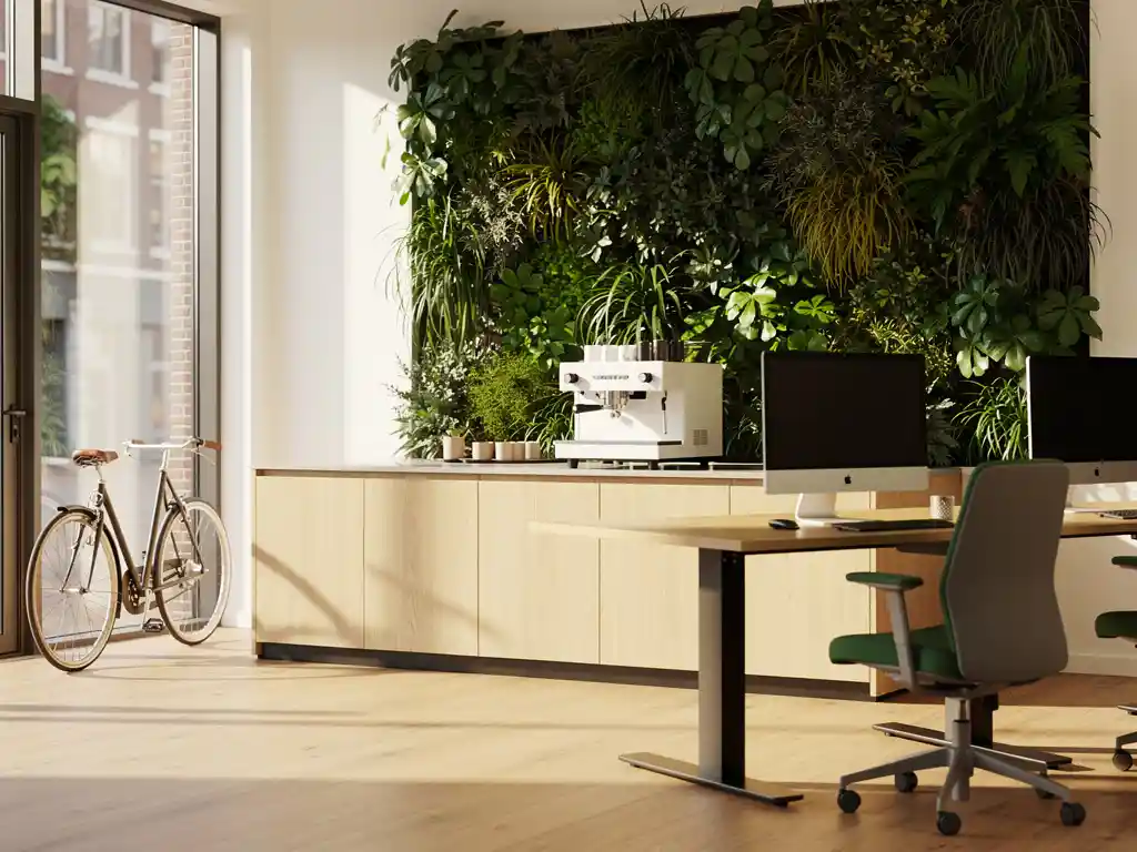 modern-kantoor-utrecht-koffie-werkplek.jpg Modern kantoorlounge in Utrecht met koffiebar, ergonomische werkplekken en groene plantenwand, warm natuurlijk licht door vloerhoge ramen.