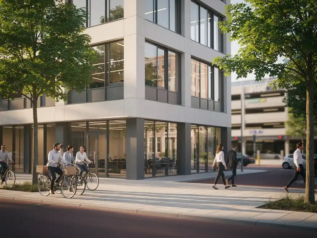 Medewerkers arriveren per fiets en te voet bij een modern Nederlands kantoorgebouw, met een parkeergarage op de achtergrond in zachte ochtendlicht.