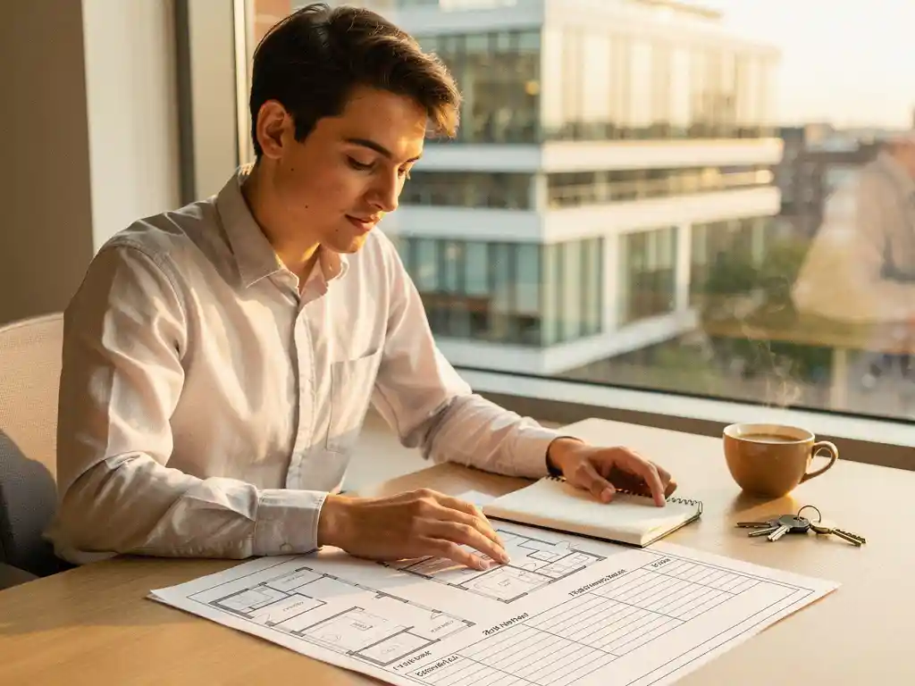 Jonge ondernemer bekijkt plattegronden en budgetnotitie aan houten bureau, sleutels naast koffiekop, modern Utrechts kantoorgebouw op achtergrond.