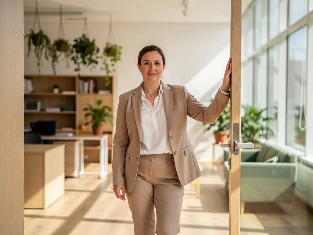 Professional staat in deuropening van modern kantoor in Utrecht met houten accenten, groen en groot raam met natuurlijk daglicht.