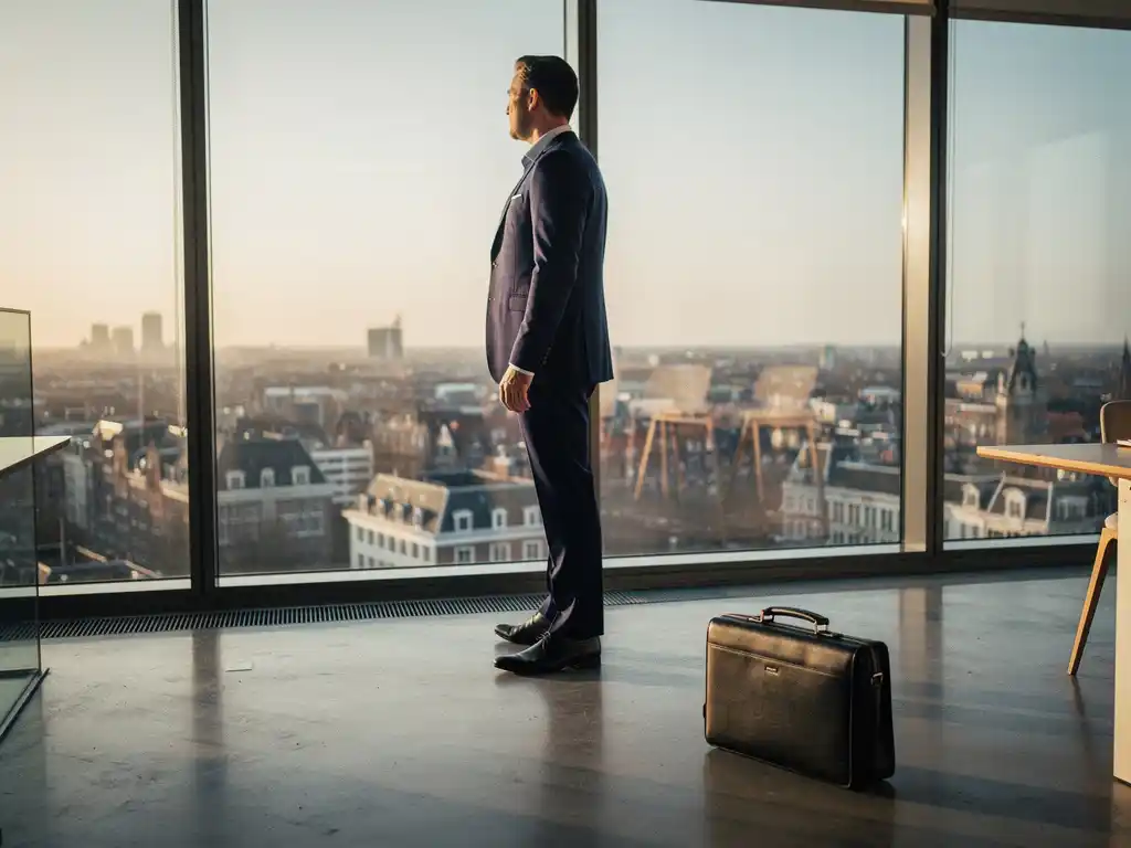 Professional in pak bij panoramische ramen van modern Utrecht kantoor, gouden uurtje licht over betonnen vloer met leren aktetas.