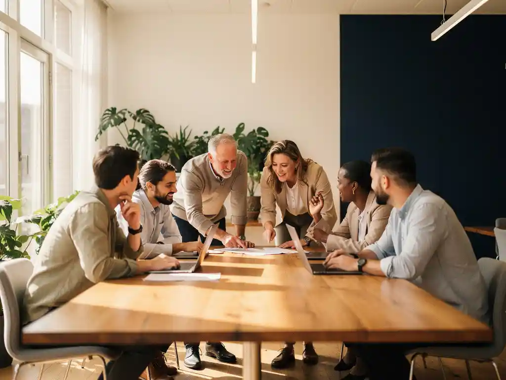 professioneel-team-samenwerken-utrecht-kantoor.jpg Divers professioneel team werkt samen aan een grote tafel in een licht modern kantoor in Utrecht met houten accenten en groene planten.