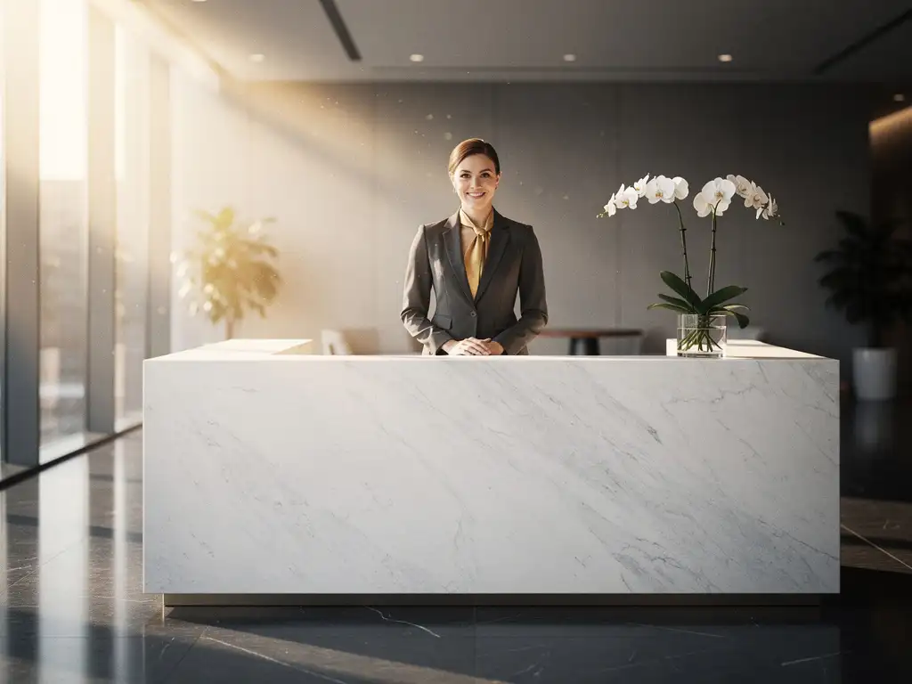 receptioniste-moderne-lobby-kantoor-premium.jpg Receptioniste achter een marmeren balie in een moderne kantoorlobby met witte orchideeën en natuurlijk licht.