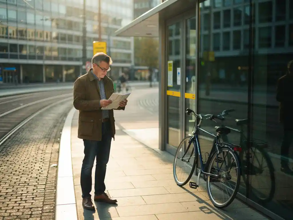 Forenzende reiziger bekijkt gedrukte treindienstregeling bij modern kantoorgebouw in Utrecht, fiets tegen glazen gevel, tramrails op kasseienstraat.