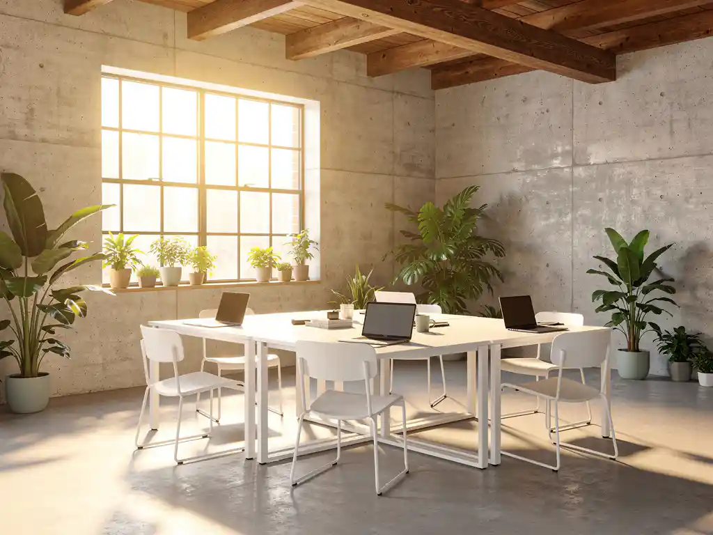 Open kantoorruimte voor startup met betonnen muren, houten balken, witte bureaus met laptops en zonlicht via industrieel raam.