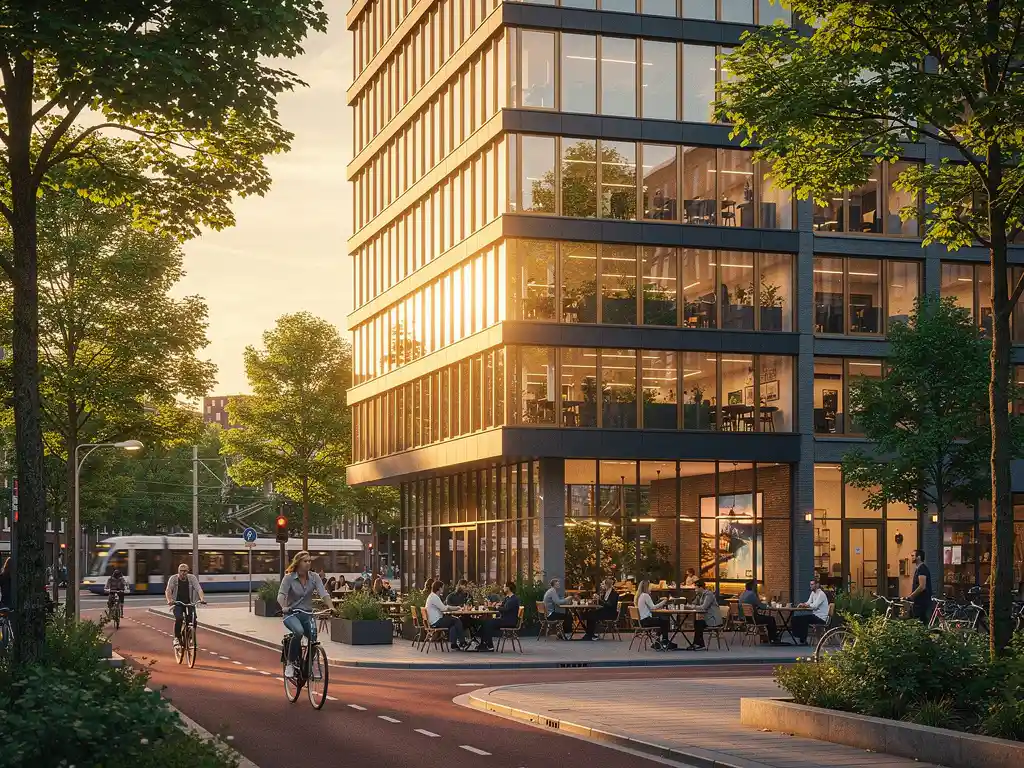 Modern kantoorgebouw in Utrecht met fietspaden, terrasmeubilair en een tram op de achtergrond in warm middaglicht.