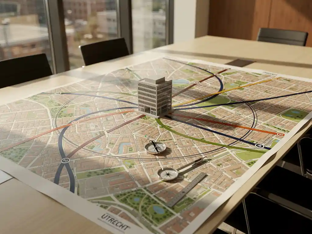 Luchtfoto-kaart van de regio Utrecht op vergadertafel met pendelpendel routes vanuit een kantoorgebouwmodel, kompas en meetgereedschap erbij.