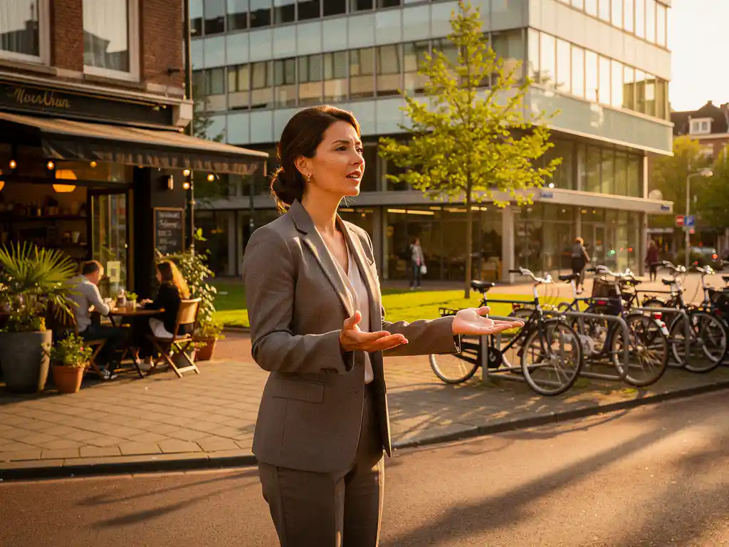 Vrouw in blazer wijst naar modern glazen kantoorgebouw op zonnige straathoek in Utrecht, omgeven door fietsparkeerplaats en park.