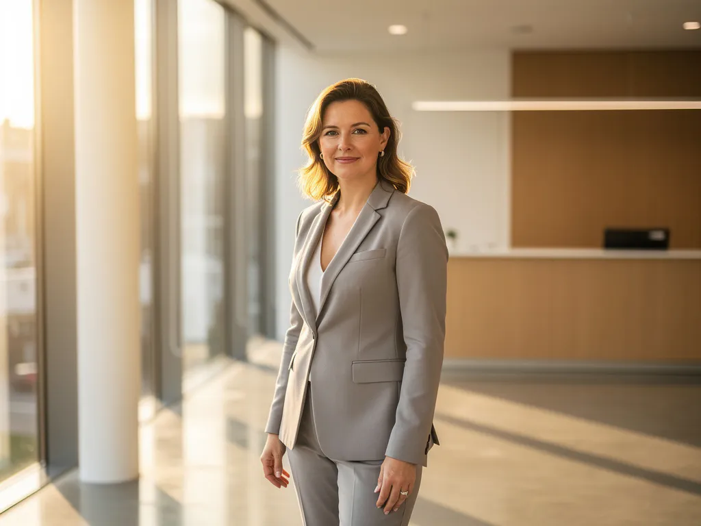 Vrouw in blazer bij ingang van modern kantoor in Utrecht met vloer-tot-plafond ramen en minimalistische receptie.