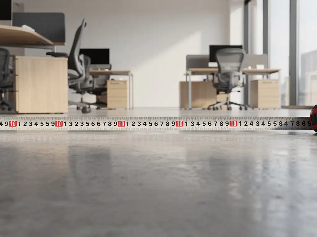 werkplek-afstand-meten-kantoor-ergonomisch.jpg Meetlint uitgerold over betonvloer in open kantoorruimte met ergonomische werkplekken en natuurlijk daglicht.
