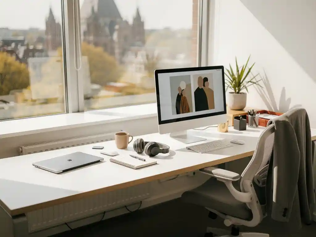 Moderne flexwerkplek in Utrecht-kantoor met persoonlijke spullen, geleidelijk overgaand in een vast bureau met ingelijste foto's, warm natuurlijk licht.