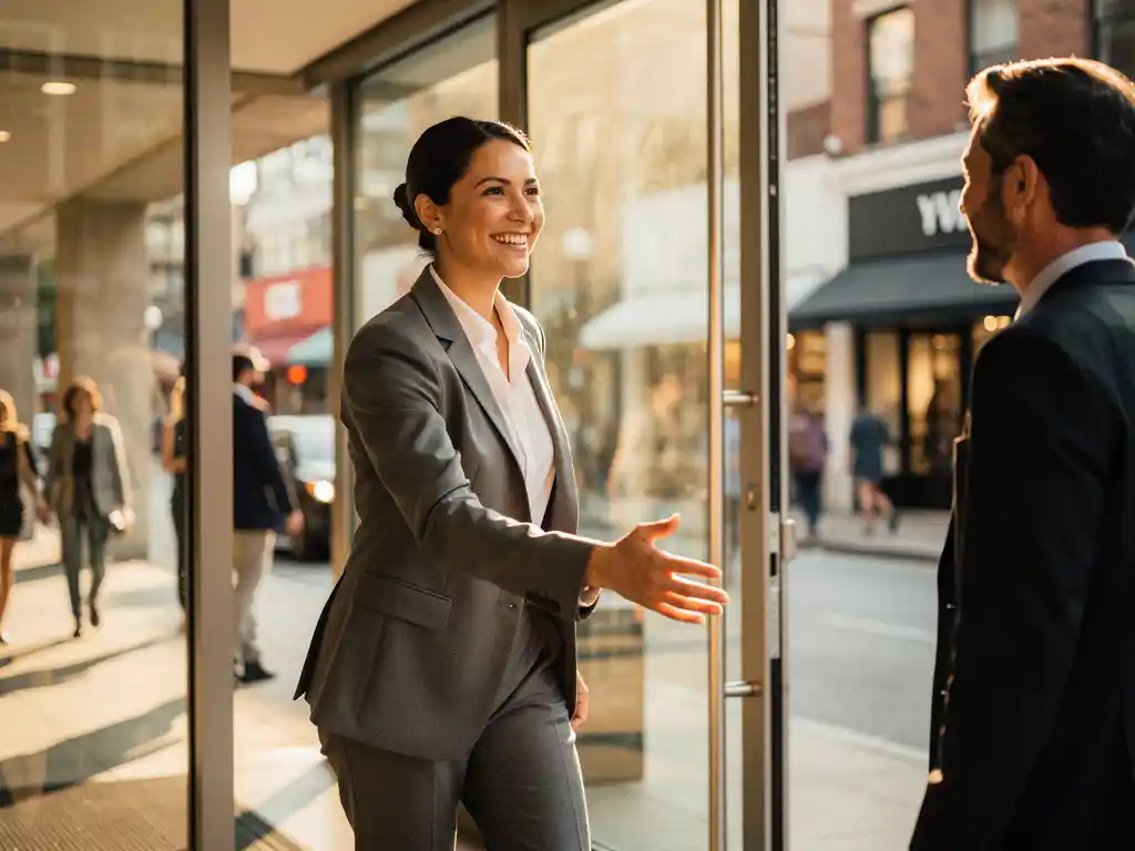 Zakenman begroet klant bij glazen kantooringang op zonnige stadsstraat met voorbijgangers en winkels op de achtergrond.