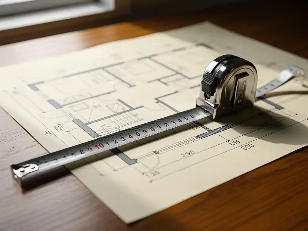 Architectonische plattegrond op een eikenhouten bureau met een metalen meetlint over de kamerverdeling, verlicht door natuurlijk daglicht.