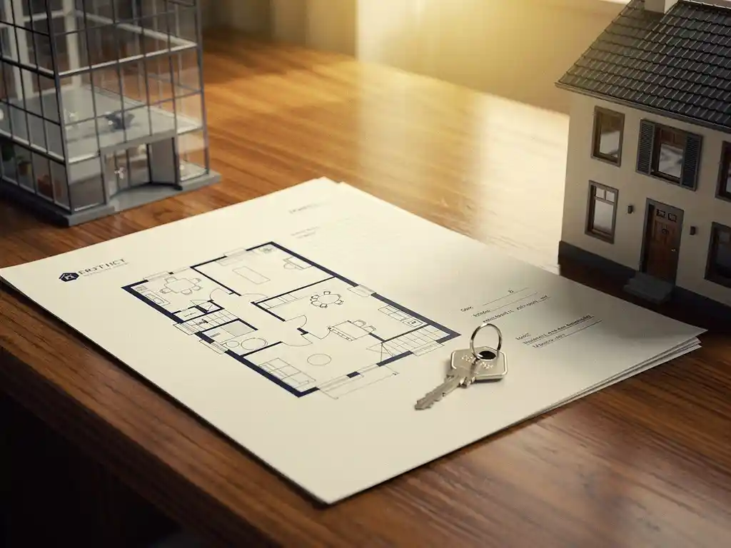 Twee huurcontracten op een eiken bureau, één met plattegrond en één naast een huissleutel, met miniaturen van een kantoorgebouw en woonhuis.