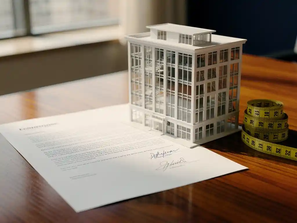 Ondertekend commercieel huurcontract op eikenhouten bureau, deels bedekt door schaalmodel van kantoorgebouw, meetlint ernaast, warm natuurlijk licht.