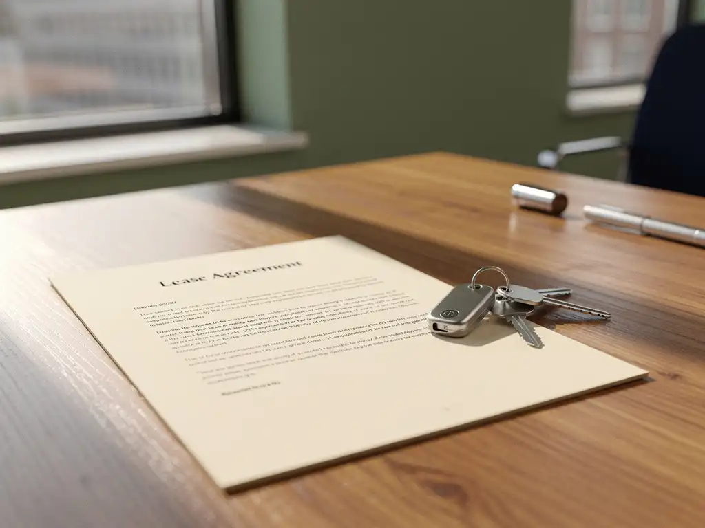 Commercieel huurcontract op eikenhouten bureau in modern Utrecht kantoor, zilveren sleutels ernaast, warm middaglicht.